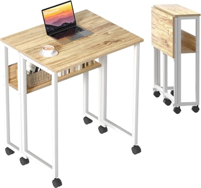 Opvouwbaar Bureau met Wielen voor Kleine Werkplekken – Draagbaar en Eenvoudig Te Monteren – Beige 63×50 cm