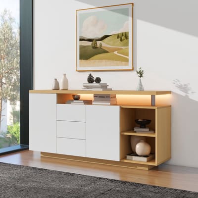 DESMIU Dressoir - Met LED Verlichting En Veel Opbergruimte - Voor Woonkamer En Eethoek - Spaanplaat In Wit En Licht Eiken - 140x40x70 Cm