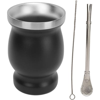 8oz Kalebas Theekop Dubbelwandig Roestvrij Staal met Lepel Rietje Borstel Kalebas Geïsoleerde Bekers voor Thee Black