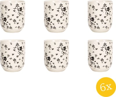 Clayre & Eef Mok set van 6 stuks 100 ml Wit Zwart Porselein Rond Bloemen Theemok