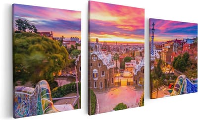 Artaza Canvas Schilderij Drieluik Park Güell Uitzicht op Barcelona - 120x60 cm - Wanddecoratie Woonkamer - Schilderijen - Muurdecoratie