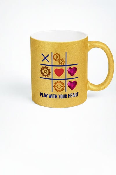 Gouden Glitter Mok 'Play with Your Heart' | Uniek Tic-Tac-Toe Hartjes & Tandwielen Design