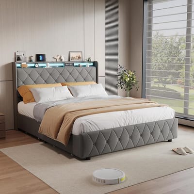 Gestoffeerd Bed - Tweepersoonsbed Luxe Bed - Slaapkamer Opbergen - Met LED en USB - 140x200 cm - Grijs