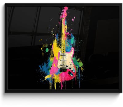 Poster in lijst - Fotolijst 80x60 cm - Posters - Gitaar - Kleurrijk - Verf - Posterlijst zwart - Decoratie - Wanddecoratie woonkamer - Muurdecoratie slaapkamer