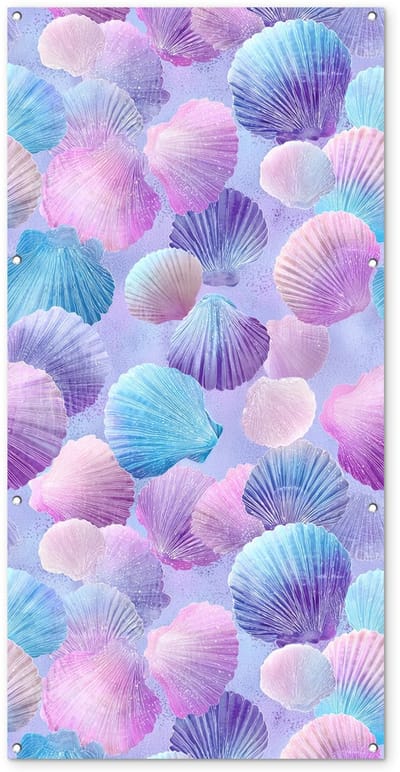 Tuinposter 80x160 cm - Tuindecoratie Schelpen - Paars - Blauw - Patroon - Poster voor in de tuin - Buiten decoratie - Schutting tuinschilderij - Tuindoek muurdecoratie - Wanddecoratie balkondoek