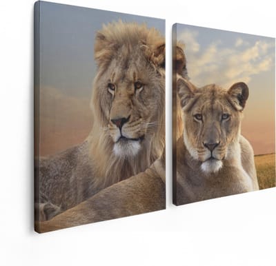 Artaza Canvas Schilderij Tweeluik Leeuw En Leeuwin - 120x80 - Foto Op Canvas - Canvas Print