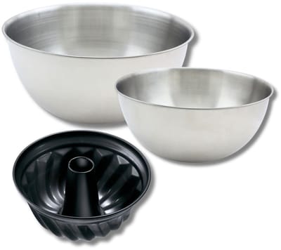 Set met 1 kouglofvorm 22 cm, 1 spatel Zenker en 2 roestvrijstalen mengkommen Fackelmann