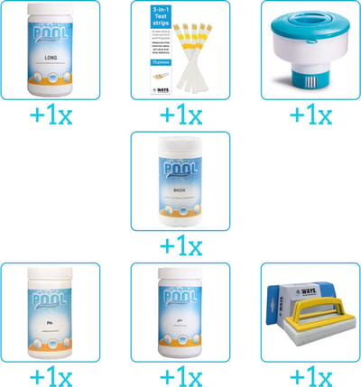 Zwembad Onderhoudspakket - Onderhoud Zwembad - bevat Chloor - Testrips - Chloordrijver - Chloor - PH-min - PH-plus en Scrubborstel (7-delig)