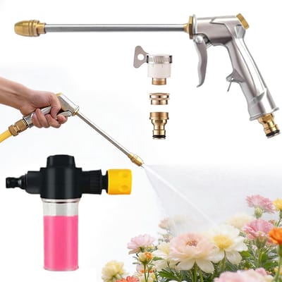 VHV - Hogedrukspuit - Tuingereedschap - Hogedrukspuit voor tuinslang - Hogedrukreinigeraccessoires - Tuinslang opzetstuk - Waterpistool tuinslang - Met zeepreservoir - Verstelbaar - Inclusief adapters - Voor auto wassen en buitenreiniging - Zilver