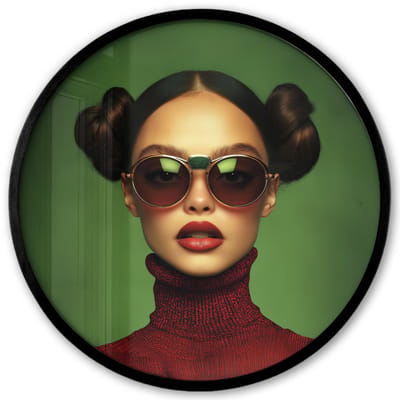 Poster in lijst Rond - Fotolijst 40x40 cm - Posters - Vrouw - Groen - Bril - Aesthetic - Modern - Ronde posterlijst zwart - Decoratie - Wanddecoratie woonkamer - Muurdecoratie slaapkamer