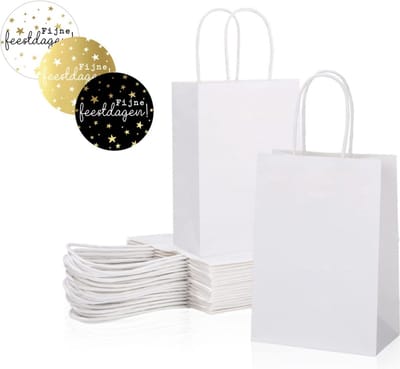 25 kleine papieren cadeautasjes 18x8x22 cm wit + stickers « Fijne feestdagen » Kersttassen met handvat Kersttasje Kerst verpakking draagtassen
