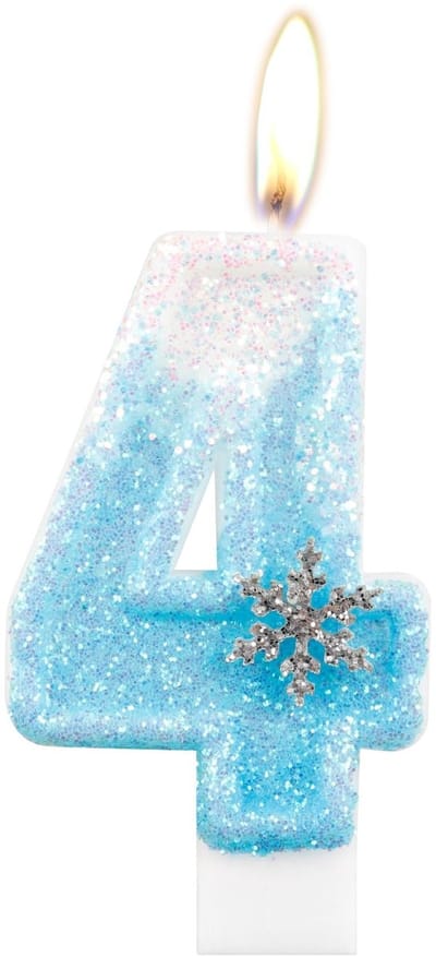 Dailygoods- Cijferkaars Glitter 4 - Taarttopper - Verjaardagsdecoratie - Bevroren Thema - Sneeuwvlokken - Veilig en Herbruikbaar - Taartdecoratie