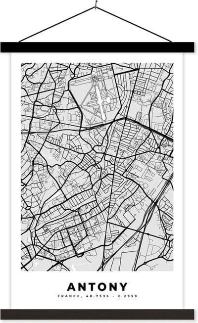 Posterhanger incl. Poster 40x60 cm - Schoolplaat - Plattegrond - Kaart - Stadskaart - Frankrijk - Antony - Textielposter - Zwarte latten - Stadskaart