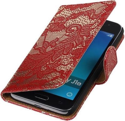 Rood Lace booktype cover hoesje voor Samsung Galaxy J1 (2016)