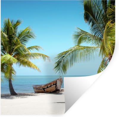Muurstickers - Sticker Folie - Palmboom - Boot - Strand - 100x100 cm - Plakfolie - Muurstickers Kinderkamer - Zelfklevend Behang XXL - Zelfklevend behangpapier - Stickerfolie