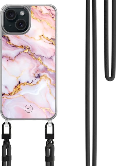 Hoesje met koord geschikt voor iPhone 13 - Marble pink - Inclusief zwart koord - Crossbody beschermhoes - Transparant, Multi - Mooie Telefoonhoesjes