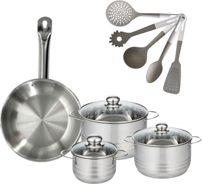 Fackelmann 9217650 Keukengerei Set Roestvrijstalen Koekenpan 28 cm Etherna & Roestvrijstalen Kookpannen 16/20/24 cm PFAS-vrij met 5 Keukengerei