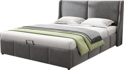 Merax Gestoffeerd Bed 140x200 cm met Hydraulische Opbergruimte en Kussenhoofdsteun - Fluweel in Grijs - Slaapbank
