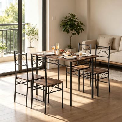Set Tafel En Stoelen - Eettafel Met 4 Stoelen - Ruimtebesparend En Comfortabel - Voor Eetkamer En Balkon - Hout En Metaal - Rustiek Bruin Zwart
