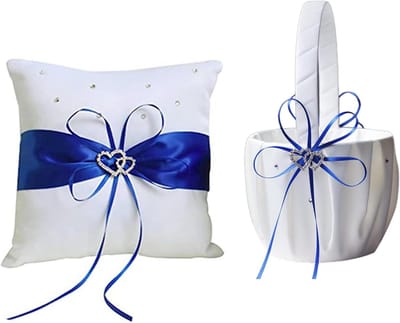 Trouwring kussen bloem meisje mand set, wit gesmeed bloem mand boog ring kussen romantische stijl bruiloft benodigdheden -blauw