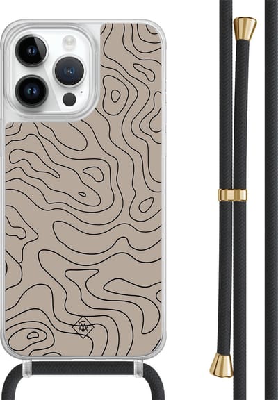 Casimoda® hoesje met zwart koord - Geschikt voor iPhone 14 Pro Max - Abstract Lines - Afneembaar koord - TPU/polycarbonaat - Bruin/beige