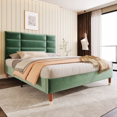 OKWISH Gestoffeerd Bed 140x200 cm - 7-Zones Pocketvering H3 Voor Orthopedische Ondersteuning - Met Lattenbodem en Opbergruimte - Fluweel - Groen - Met matras