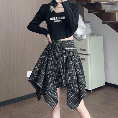 Irregulair Geruite Rok voor Dames In Zomer Nieuwe Slanke Retro A-lijn Rok met Los Shirt Rok XL gray