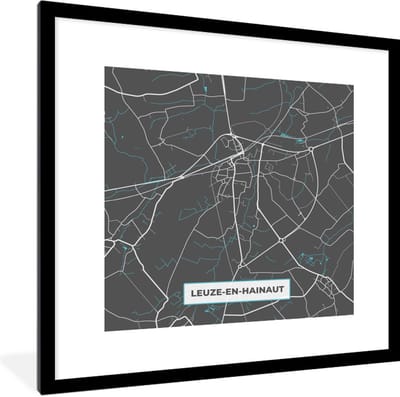 Fotolijst incl. Poster - Plattegrond – Leuze en Hainaut – Blauw – Stadskaart - Kaart - 40x40 cm - Posterlijst