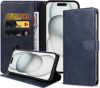 Geschikt voor iPhone 15 Telefoonhoesje Kunstleer met Magnetisch lipje en Pasjeshouder Book Case met Klepje - Blauw - Smartphonica geschikt voor iPhone 15