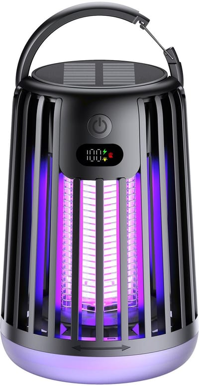 Elektrische UV-insectenverdelger met zonne-energie en oplaadbaar via USB, LED-verlichting – anti-muggenlamp voor kamperen, tuin, slaapkamer, terras – elektrische vliegenval voor