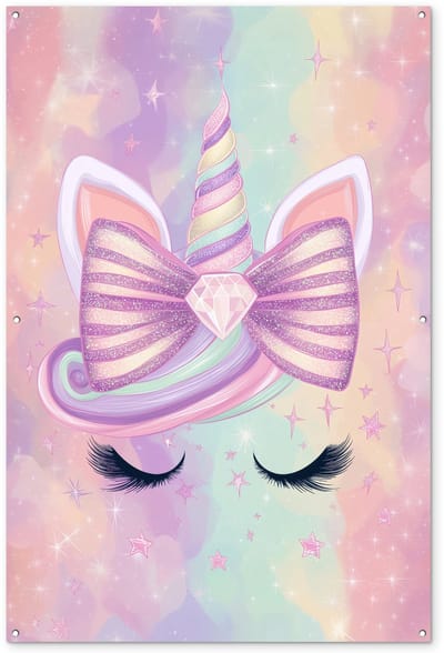 Tuinposter 120x180 cm - Tuindecoratie Eenhoorn - Glitters - Regenboog - Pastel - Poster voor in de tuin - Buiten decoratie - Schutting tuinschilderij - Tuindoek muurdecoratie - Wanddecoratie balkondoek