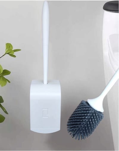Siliconen toilet borstel met houder - gemakkelijk monteren met plakstrip - accessoireset - lichtgrijs/wit