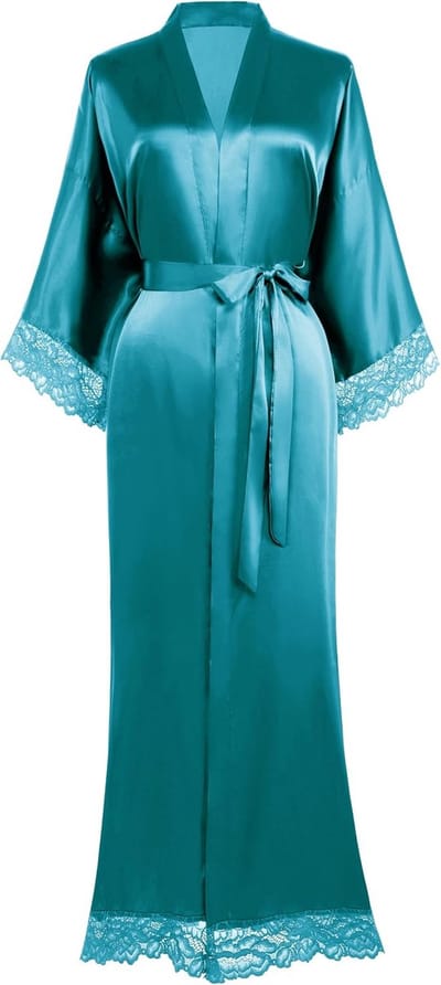 Dames ochtendjas lange korte effen badjas kanten mouwen zijde satijn kimono jurk dames zomer badjas pure kleur slaapjas pauwblauw