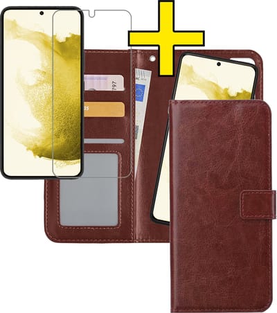Hoesje - 2 in 1 - Geschikt voor Samsung Galaxy S22 - Met Screenprotector - En Uitneembare Hard Cover - Bookcase - Wallet Case - Met Pasjeshouder - Book Case - Uitneembaar - Pashouder - Kunstleer - Telefoonhoesjes - Bruin