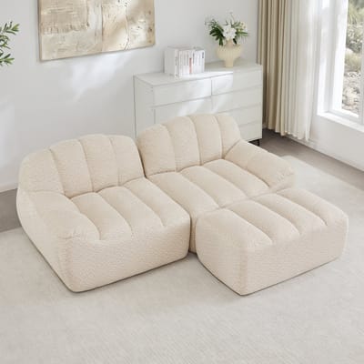 MODENUIT Hoekbank 2-Zits - Modulair Met Ottoman - Voor Woonkamer En Appartement - Granulair Fleece - Beige Wit