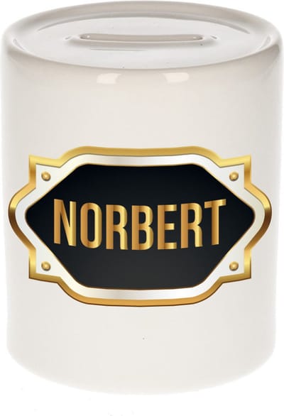 Spaarpot met voornaam Norbert - wit - met goud/zwart embleem - 8 x 9 cm - keramiek - met afsluitdop - cadeau verjaardag