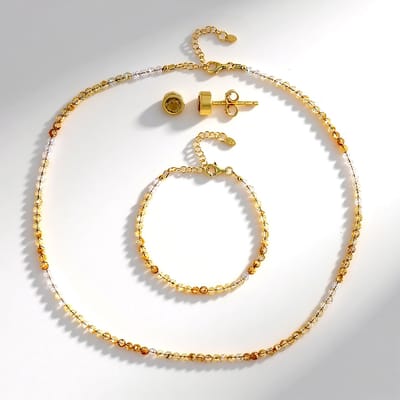 Cavill - 925 Sterling Zilver Verguld - Citrien 50+ ct Luxe Sieradenset - Ronde & Gefacetteerde Kralen - Ketting, Armband & Oorbellen