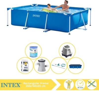 Intex Rechthoekig Frame Zwembad - 260 x 160 x 65 cm - Blauw - Inclusief Afdekzeil - Zwembadfilterpomp - Filter - Schoonmaakset - Zoutwatersysteem - Zwembadzout - 7-delig
