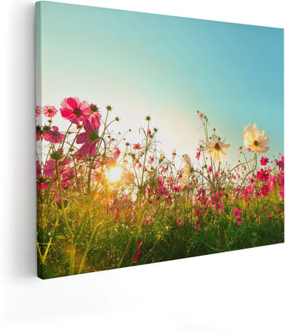 Artaza Canvas Schilderij Bloemen - 100x80 cm - Groot - Wanddecoratie Bloemenveld - Muurdecoratie Zonsondergang - Schilderijen Op Canvas