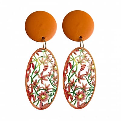 Clip oorbellen -oranje- hout -gekleurd- filigraan-geen gaatje- Charme Bijoux