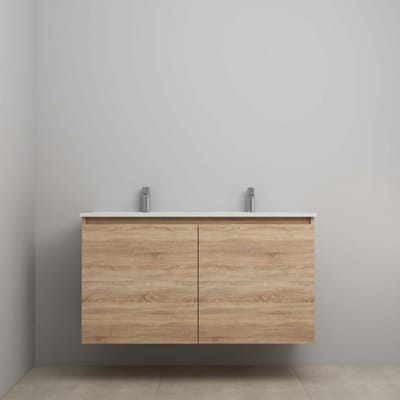 On-Line Onderkast - 120 cm - Bouwpakket - Greeploos 2 Deuren - Porseleinen Wastafel - 2 Kraangaten - Eiken