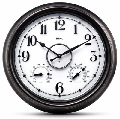 Grote Wandklok 45 cm – Binnen/Buiten – Industrieel – Stil & Verlicht – Waterdicht – Met Thermometer & Hygrometer – Zwart/Dark Brons