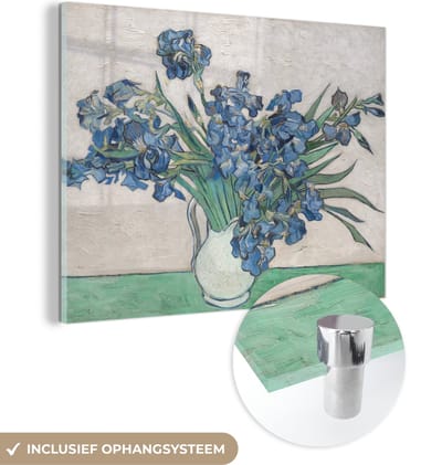 ® Glasschilderij 160x120 cm - Schilderij acrylglas - Vaas met Irissen - Vincent van Gogh - Foto op glas - Muurdecoratie woonkamer - Wanddecoratie slaapkamer - Schilderijen