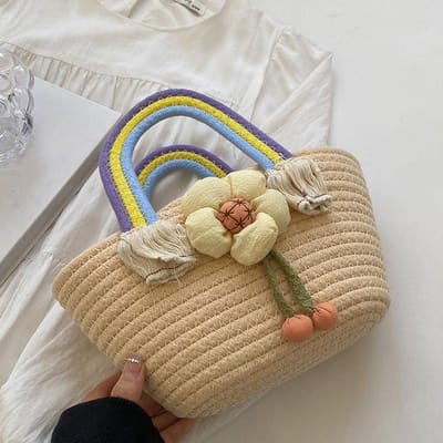 Rieten Geweven Tassen voor Vrouwen Modieuze Vlechtmanden voor Breien Schattig Regenboog Katoenen Touw Verjaardagsfeest Souvenir Vuurwerk Mand gray