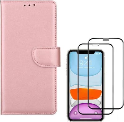 Bookcase Geschikt voor: iPhone 11 Pro Max - rose goud - portemonee hoesje + 2X Full cover Tempered Glass Screenprotector
