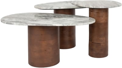 Dutchbone Suki Bijzettafel Organische vorm Marmer/ Hout Wit/ Bruin - Set van 3