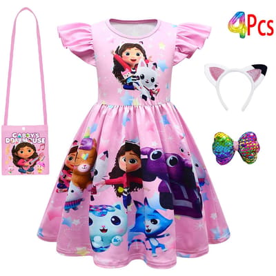 Robe Fille Manches Courtes La Maison Magique de Gabby Princesse Gabby Chat Jupe Tutu en Maille Fête d'Anniversaire Enfant Robe Déguisement Costume 110(3-4Years) pink