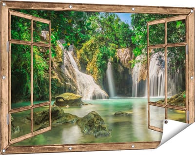 Gards Tuinposter Doorkijk Tropische Waterval - 120x80 cm - Tuindoek - Tuindecoratie - Wanddecoratie buiten - Tuinschilderij