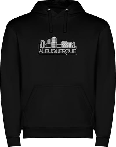 Zwarte unisex hoodie met “ Kleurrijke Sky Line Albequerque New Mexico – Vakantiegevoel – Strak – Modern “ Print Full Color Color merk Roly maat S