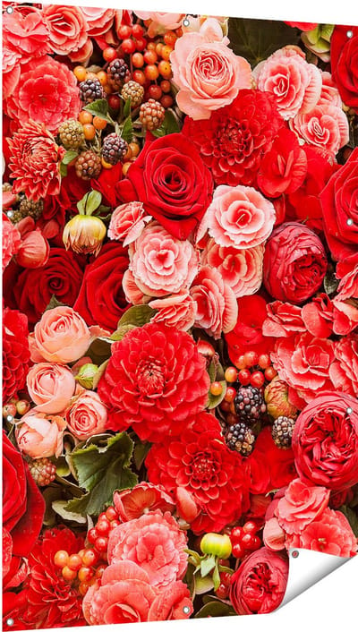 Gards Tuinposter Rode en Roze Bloemen met Fruit - Abstract - 100x150 cm - Tuindoek - Tuindecoratie - Wanddecoratie buiten - Tuinschilderij